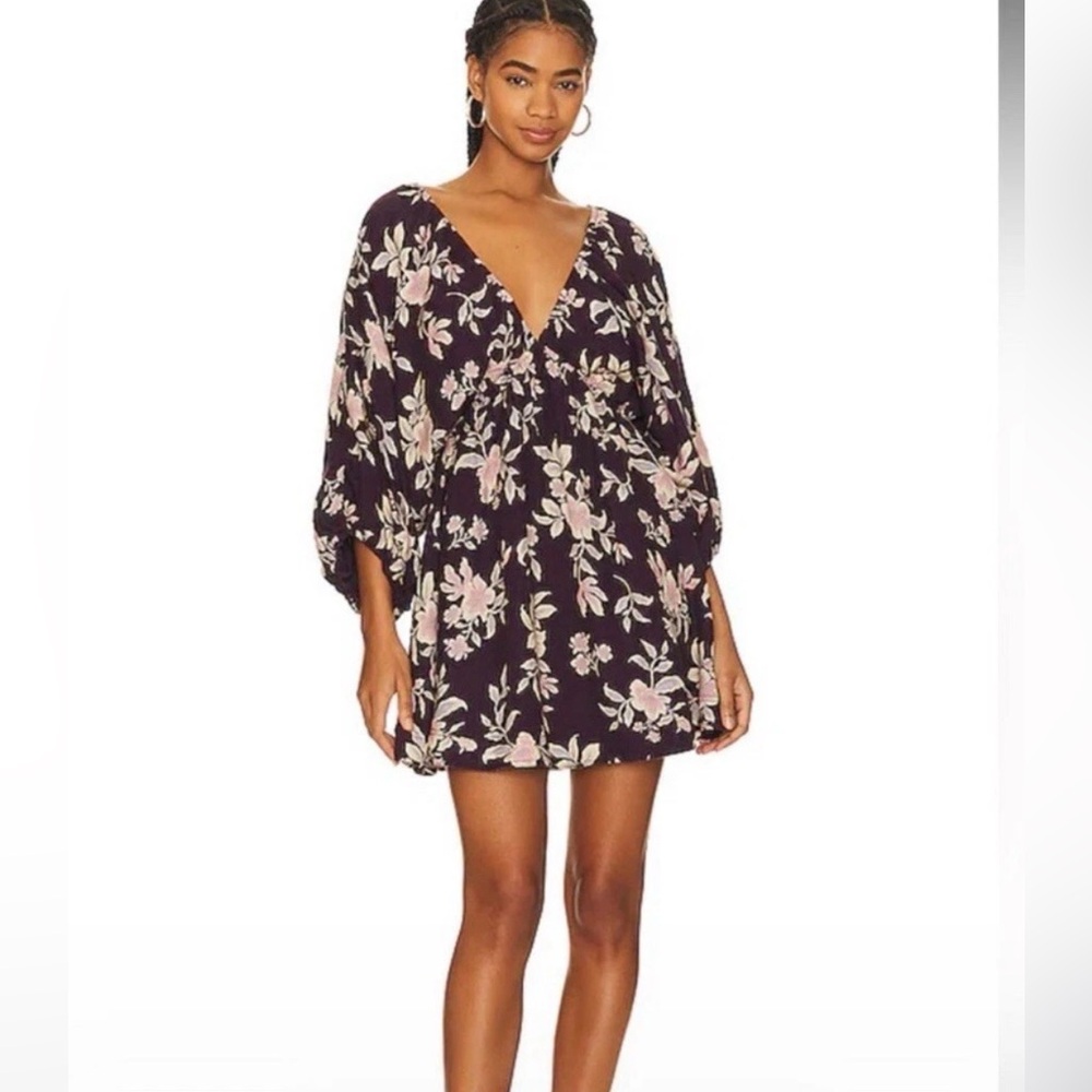 Free People Black Floral Mini Dress with Pink and Cream Flowers